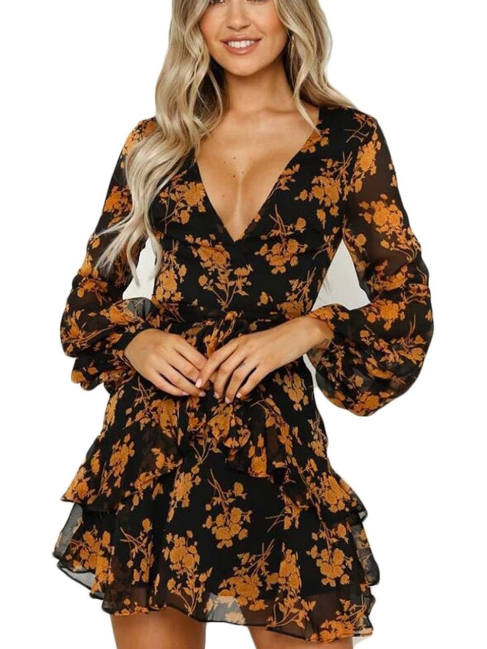 Women's Black Floral V-Neck Ruffle Mini Dress